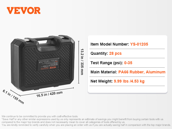 VEVOR radiator pressure tester in black case, model ys-01205, 28 pcs, 0-35 psi, pa66 rubber, 9.99 lbs.