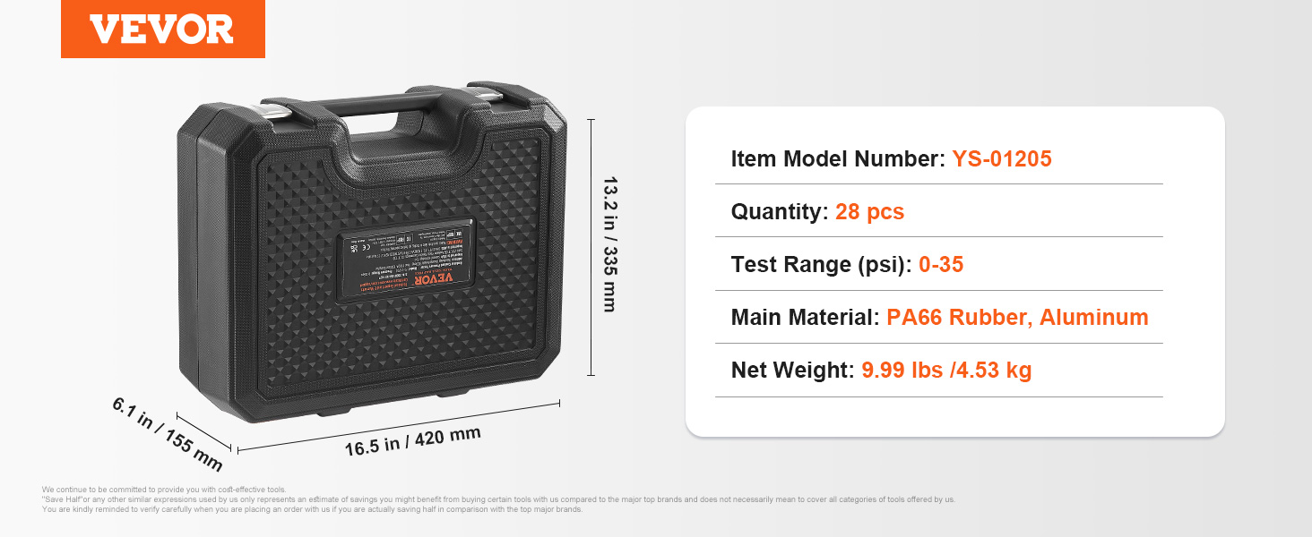 VEVOR radiator pressure tester in black case, model ys-01205, 28 pcs, 0-35 psi, pa66 rubber, 9.99 lbs.