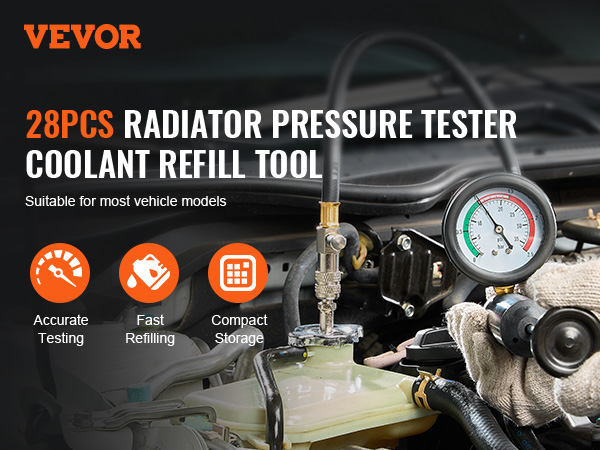 VEVOR radiator pressure tester with 28 pieces and coolant refill tool for accurate testing and fast refilling.