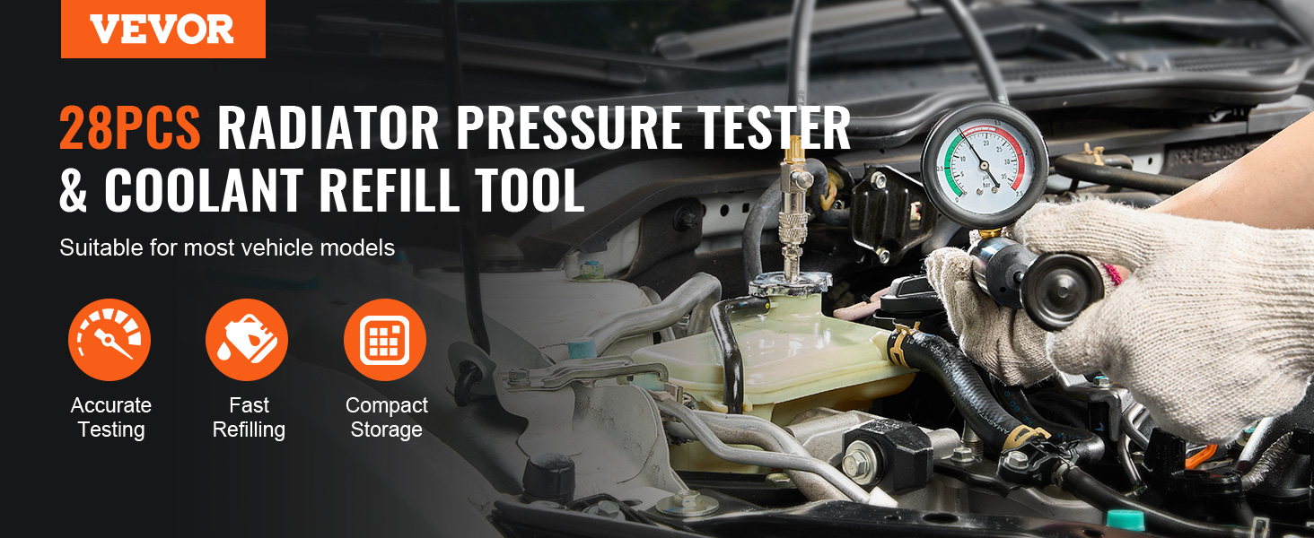 VEVOR radiator pressure tester with 28 pieces and coolant refill tool for accurate testing and fast refilling.