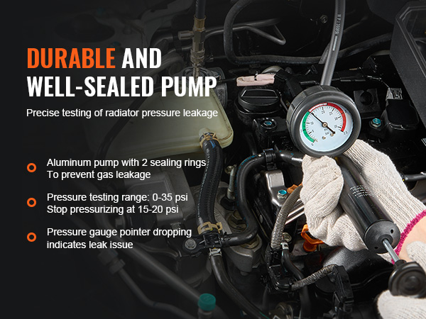 durable and well-sealed VEVOR radiator pressure tester in use on car engine, showcasing gauge and pump.