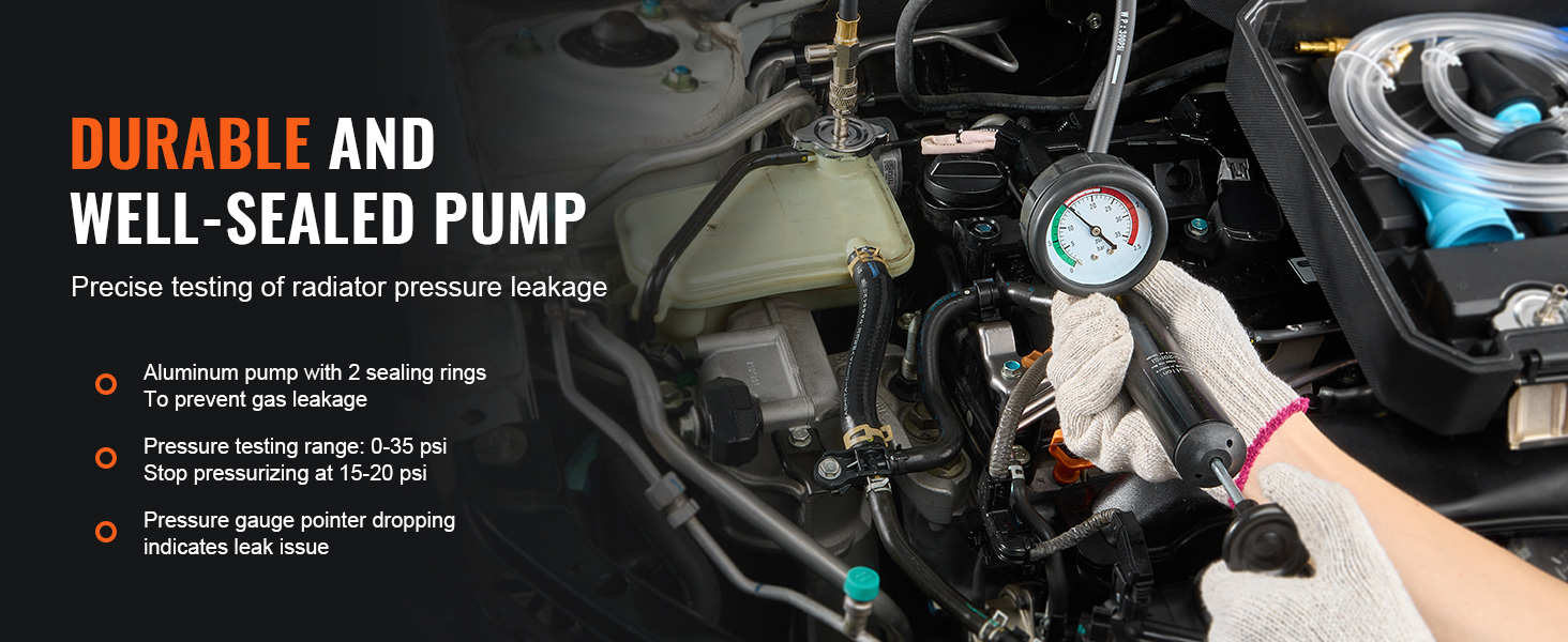 durable and well-sealed VEVOR radiator pressure tester in use on car engine, showcasing gauge and pump.