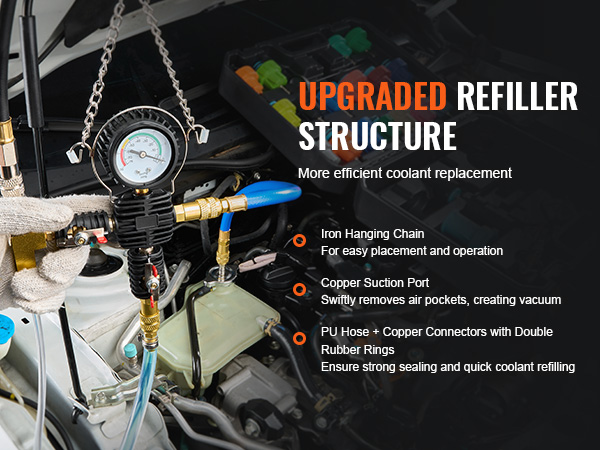 VEVOR radiator pressure tester with upgraded refiller structure for efficient coolant replacement.