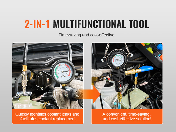 2-in-1 multifunctional tool for quickly identifying coolant leaks and replacing coolant with VEVOR radiator pressure tester.