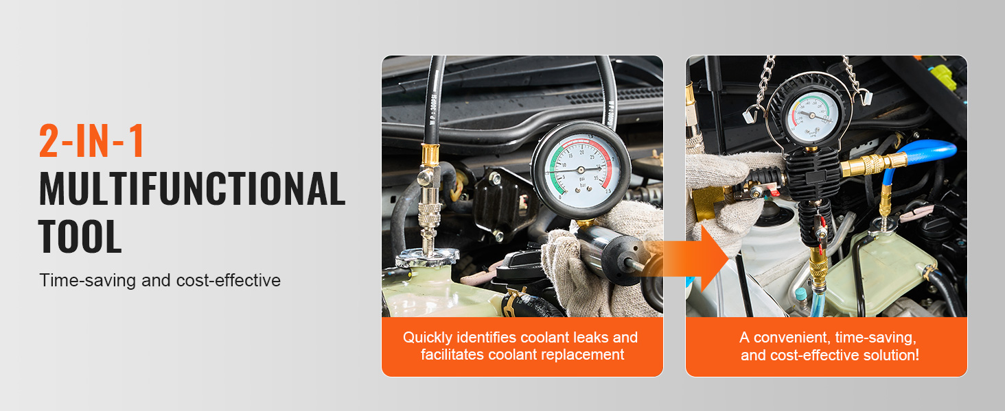 2-in-1 multifunctional tool for quickly identifying coolant leaks and replacing coolant with VEVOR radiator pressure tester.