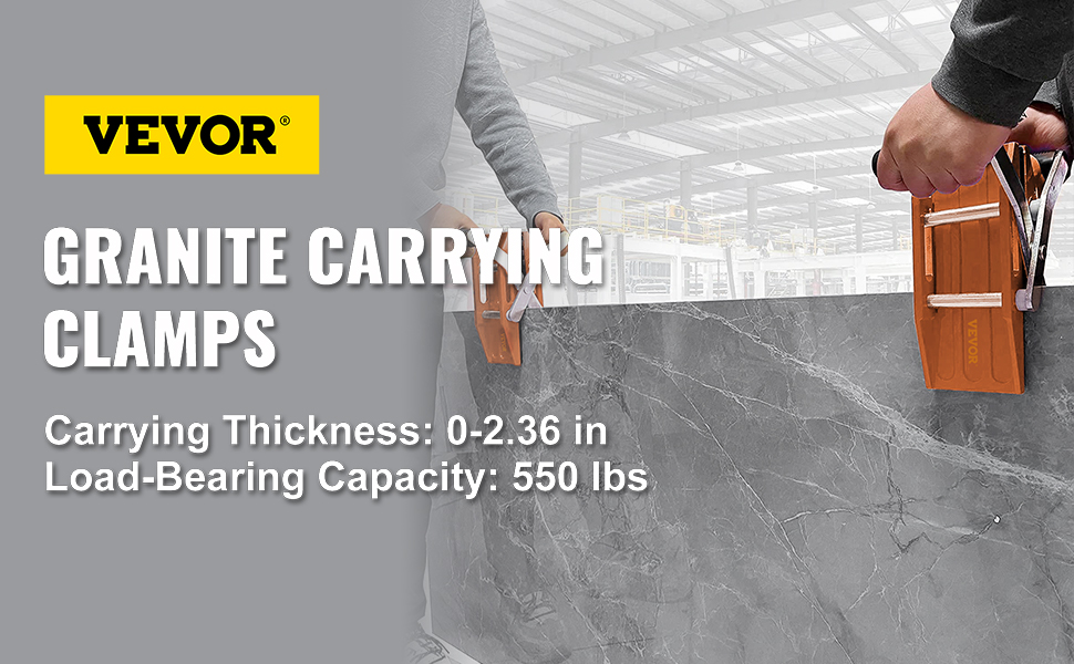 VEVOR granite carrying clamps holding a granite slab, with specs: 0-2.36 in thickness, 550 lbs capacity.
