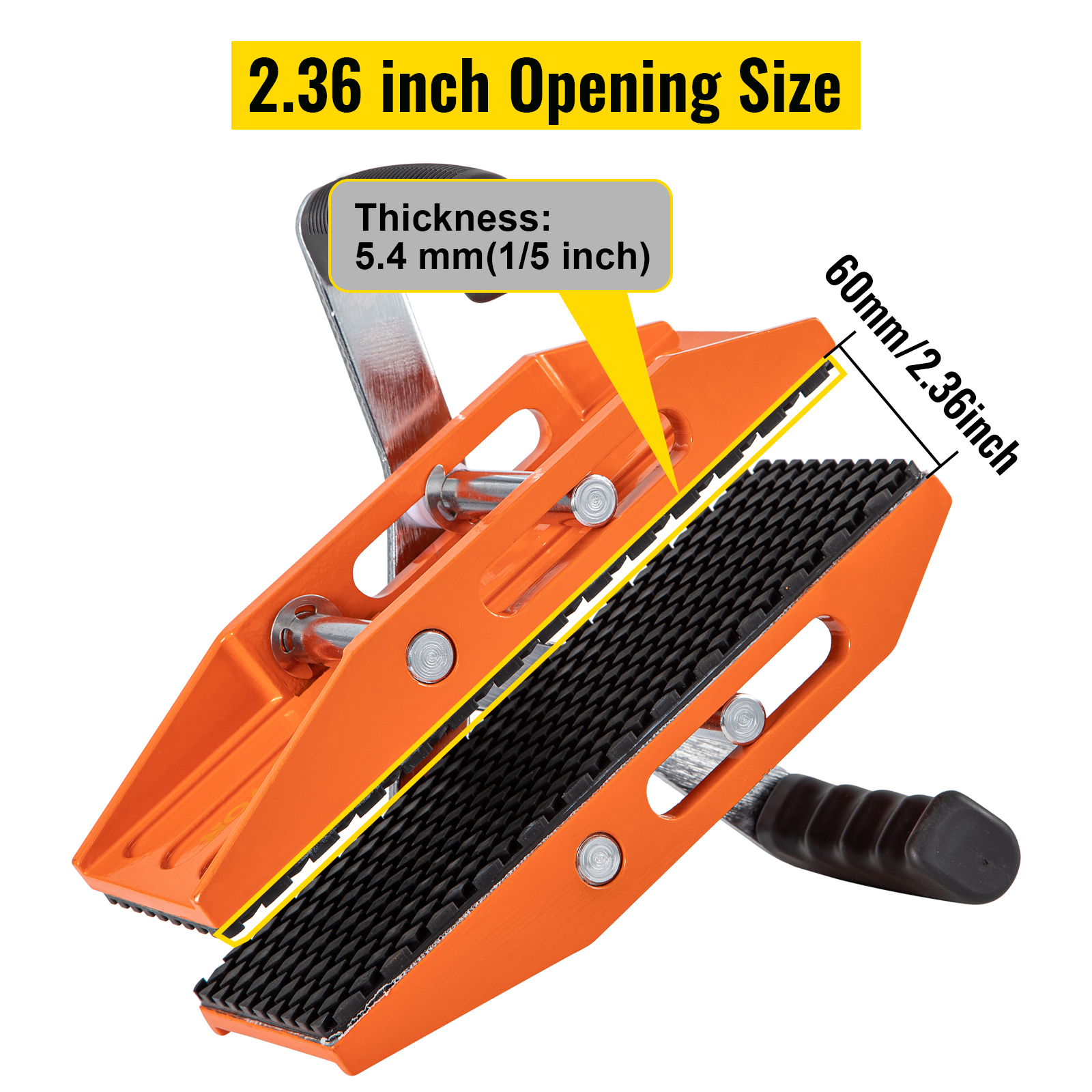 orange VEVOR granite lifting tool with 2.36-inch opening size and 5.4 mm thickness.