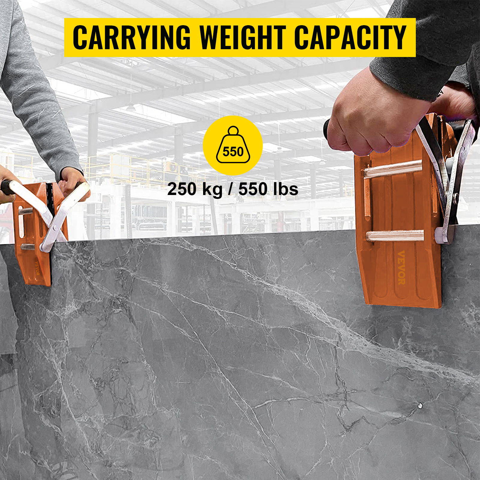 two people using VEVOR granite lifting tools to carry a 250 kg / 550 lbs granite slab.