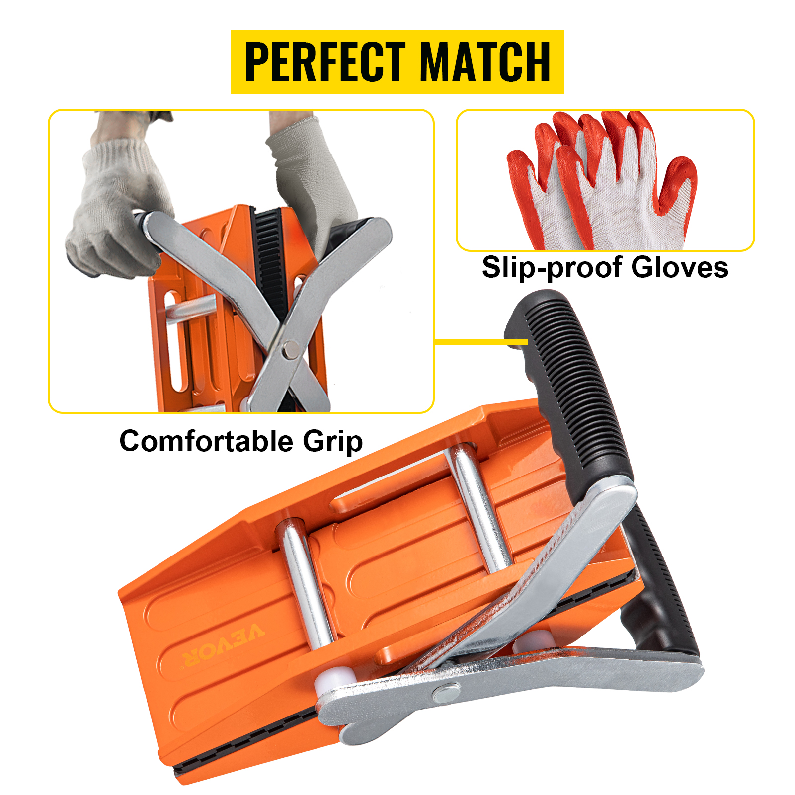VEVOR granite lifting tools with orange handle, comfortable grip, and slip-proof gloves.
