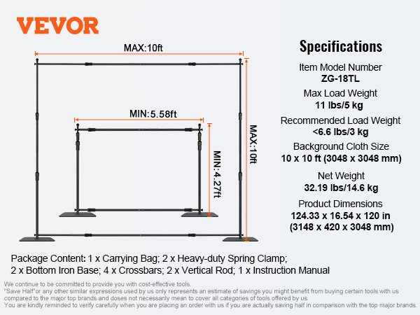 VEVOR pipe and drape kit specifications, max 10x10 ft, incl. base, crossbars, rods, clamps, and bag.
