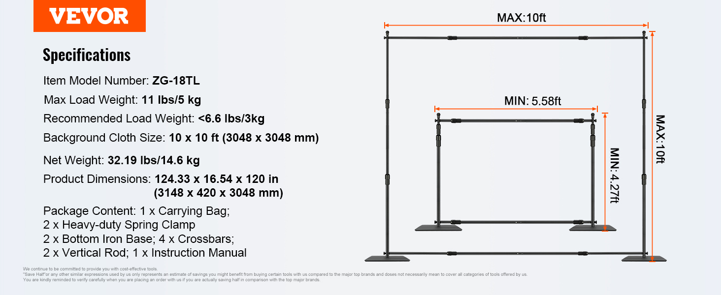 VEVOR pipe and drape kit specifications, max 10x10 ft, incl. base, crossbars, rods, clamps, and bag.