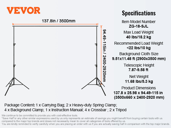 VEVOR backdrop stand specifications: max load 40 lbs/18.2 kg, dimensions 137.8x94.49-115 in.