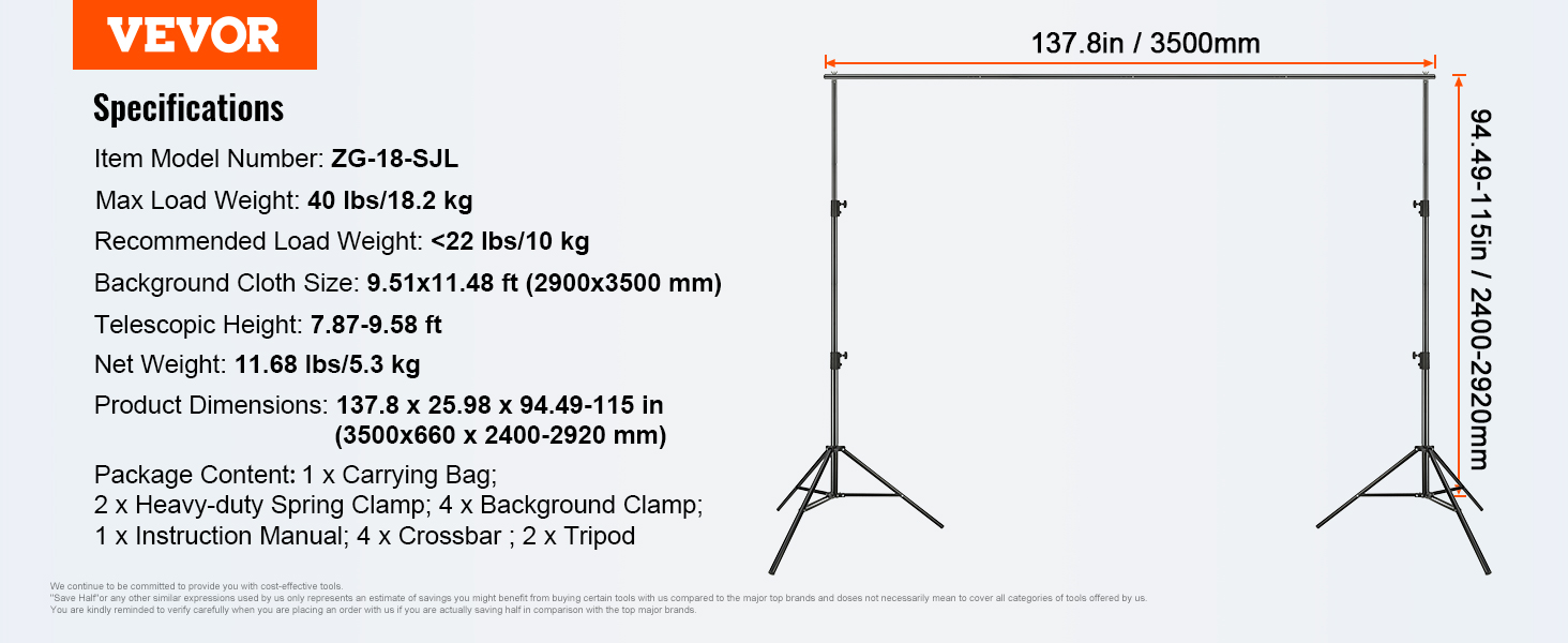 VEVOR backdrop stand specifications: max load 40 lbs/18.2 kg, dimensions 137.8x94.49-115 in.