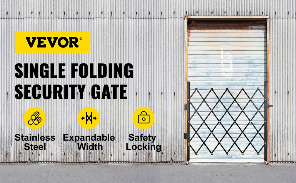 VEVOR folding security gate on a corrugated metal wall with safety icons.