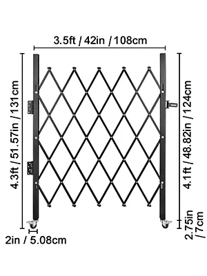 VEVOR folding security gate with dimensions detailed in feet, inches, and centimeters.