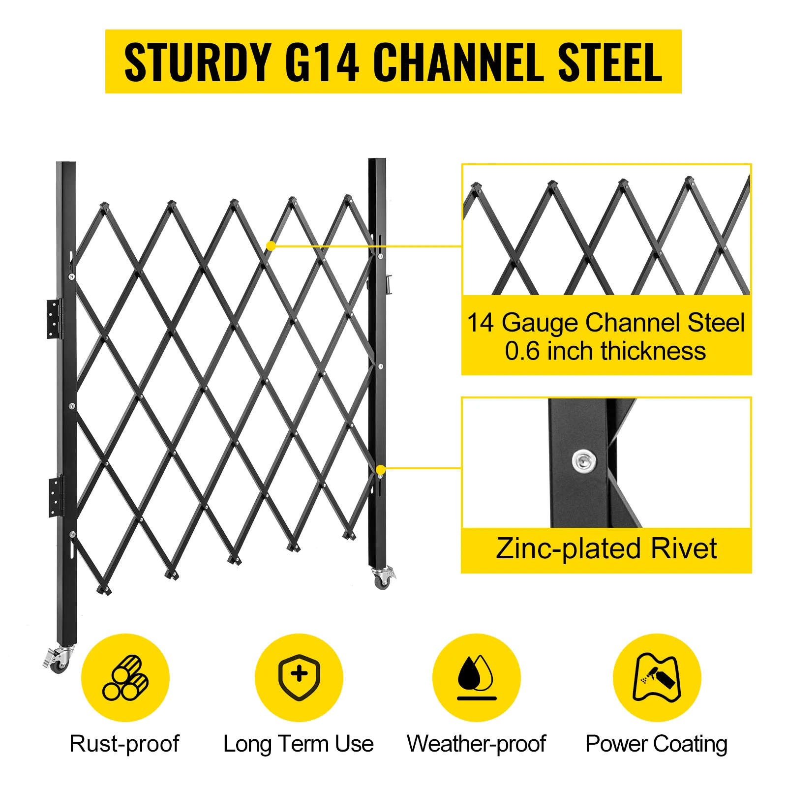 VEVOR folding security gate made of sturdy 14 gauge channel steel, rust-proof, weather-proof.