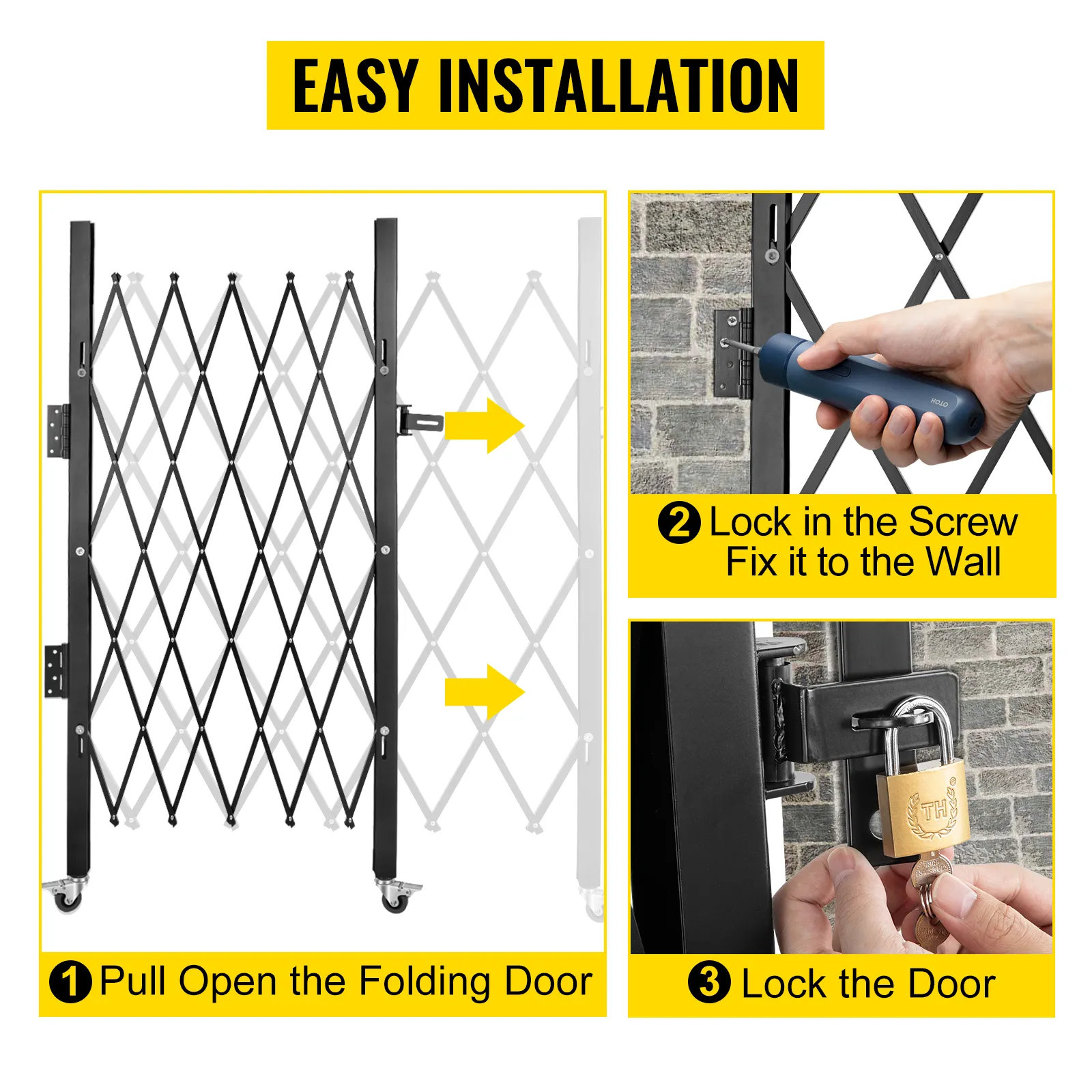 VEVOR folding security gate with easy installation steps shown: pull open, screw, and lock.