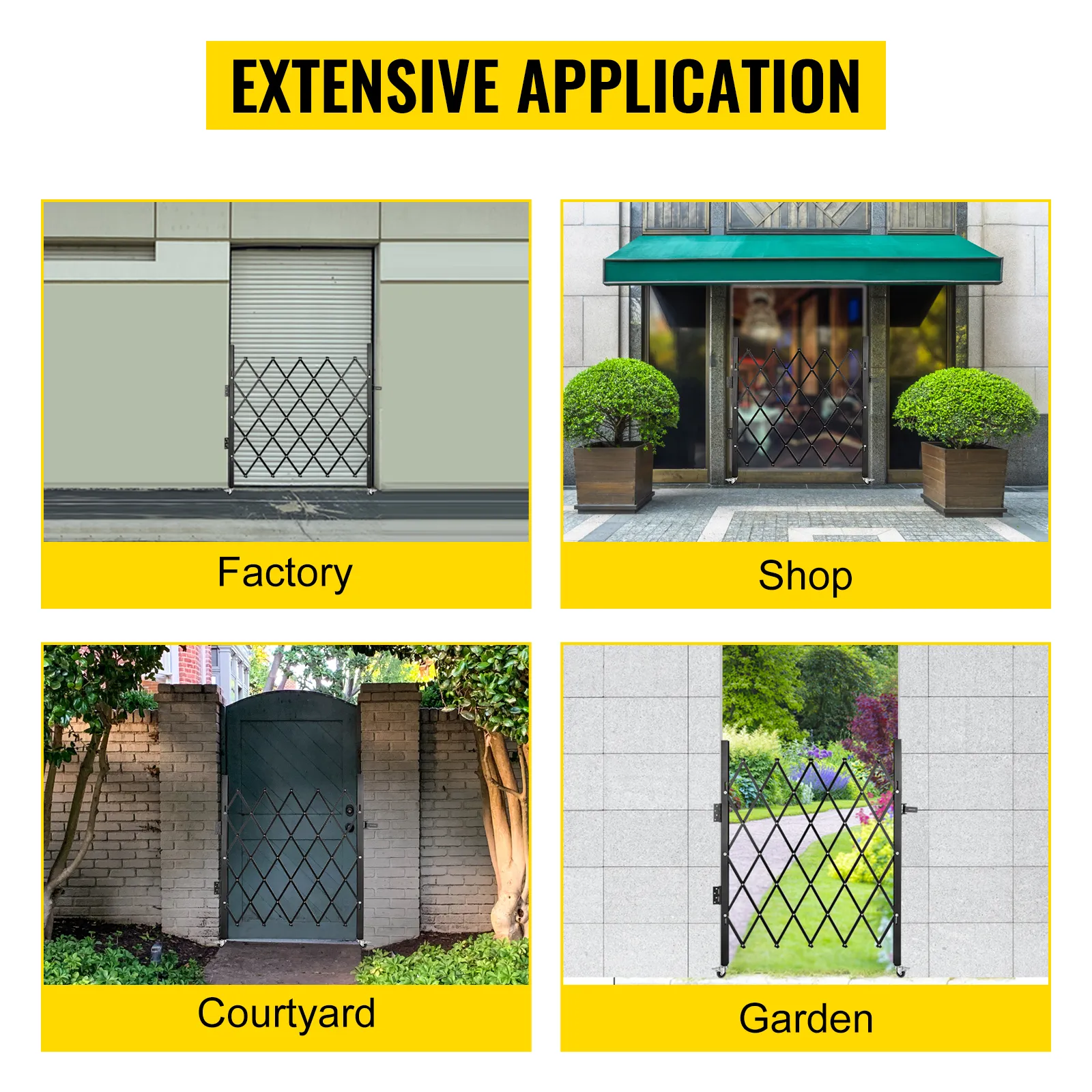 VEVOR folding security gate for factory, shop, courtyard, and garden use. extensive application.
