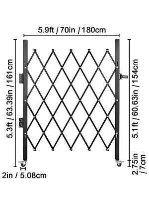 VEVOR security gate with dimensions labeled: 5.9ft width, adjustable height.