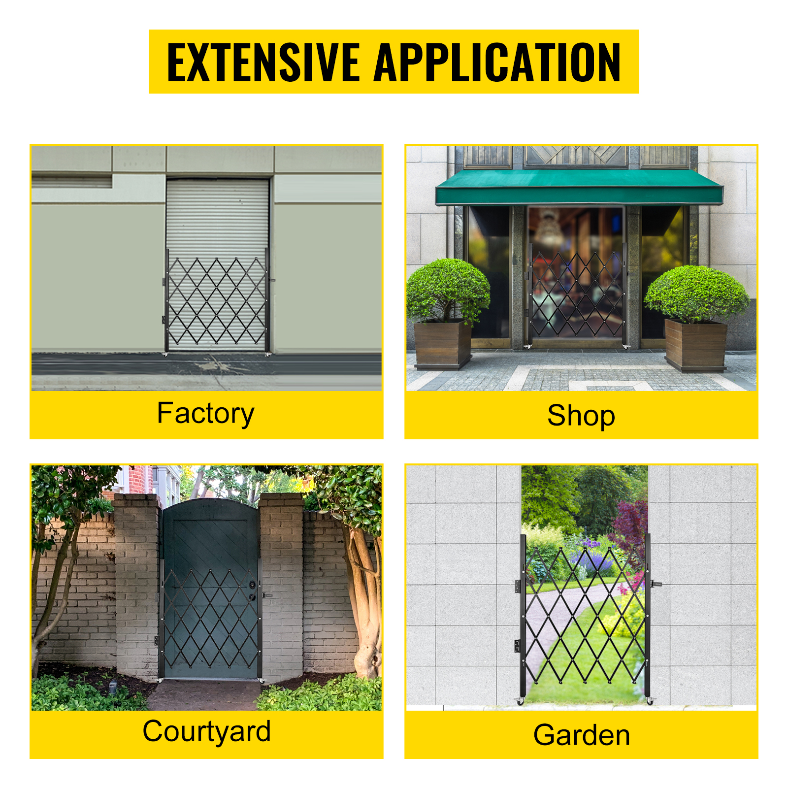 VEVOR security gate applications in factory, shop, courtyard, and garden settings.