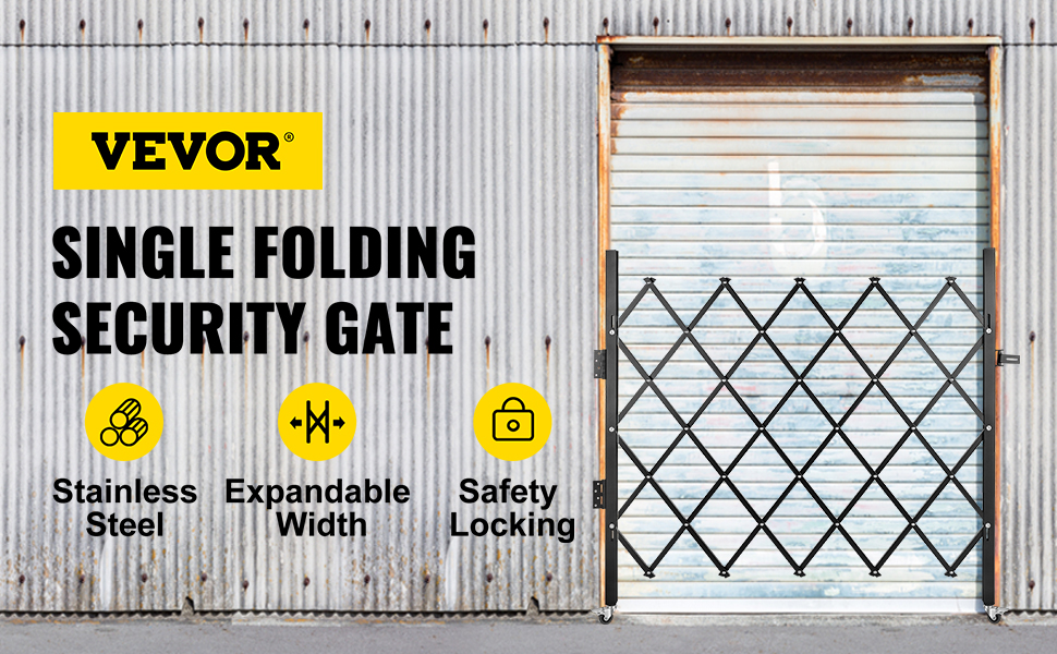 VEVOR folding security gate in front of a closed metal shutter door.