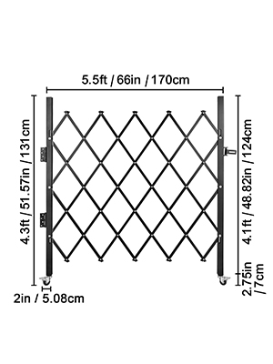 VEVOR folding security gate, 5.5ft width, 4.3ft height, black metal with diamond pattern.