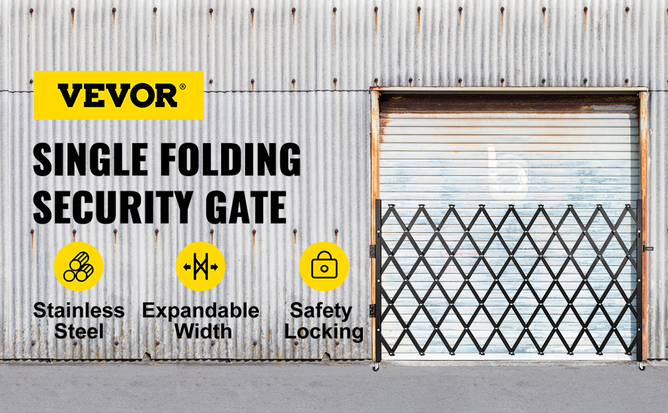 VEVOR security gate in front of a corrugated metal door, highlighting features like stainless steel, expandable width, and safety locking.