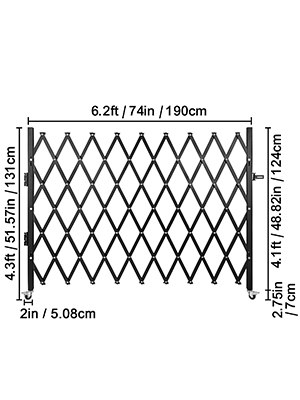 collapsible VEVOR security gate with dimensions marked for height and width in cm and in.