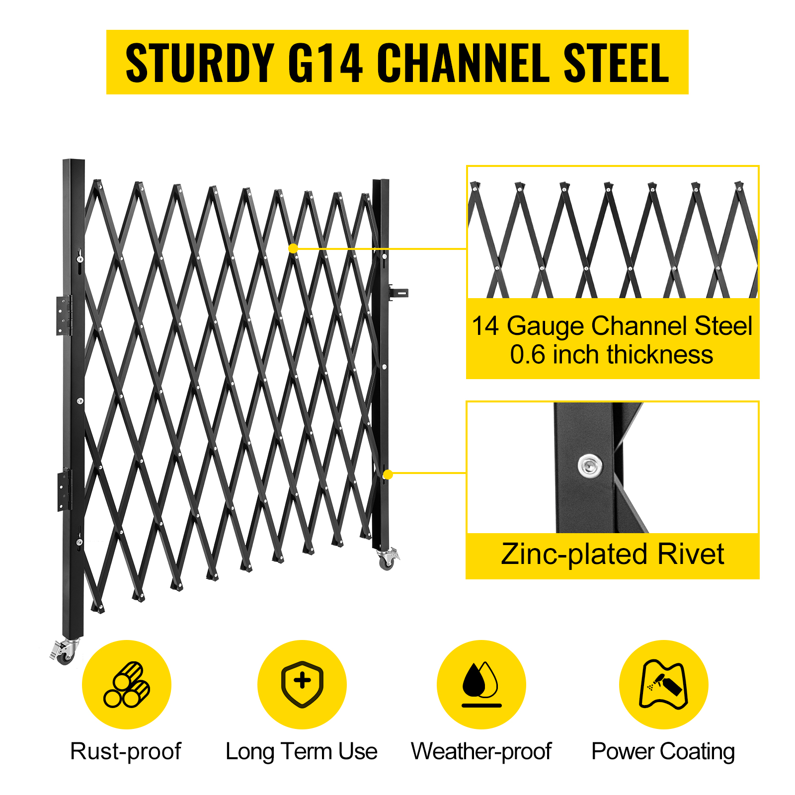 VEVOR security gate made of sturdy g14 channel steel with rust-proof and weather-proof features.