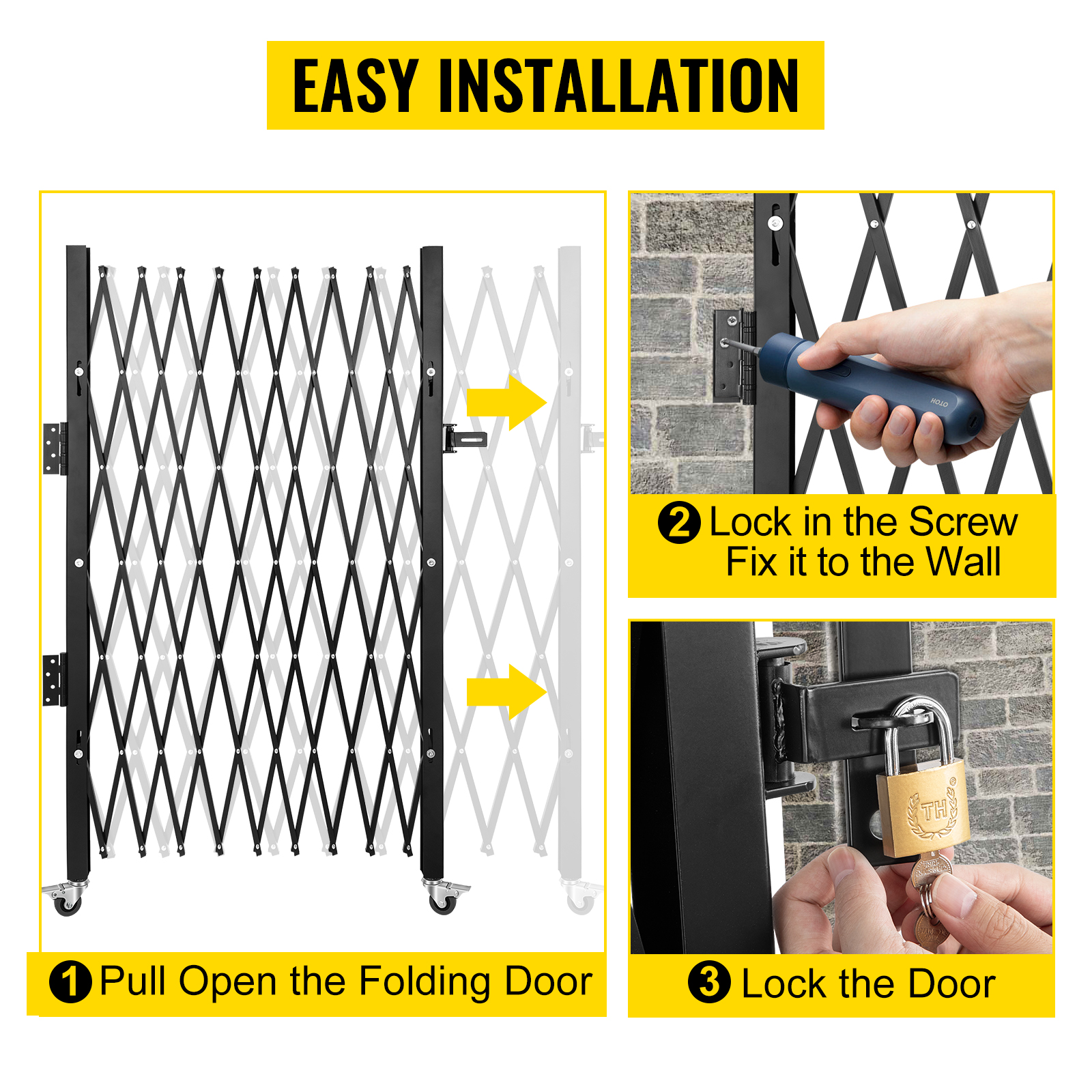 VEVOR security gate easy installation: fold door, lock screw, secure lock.