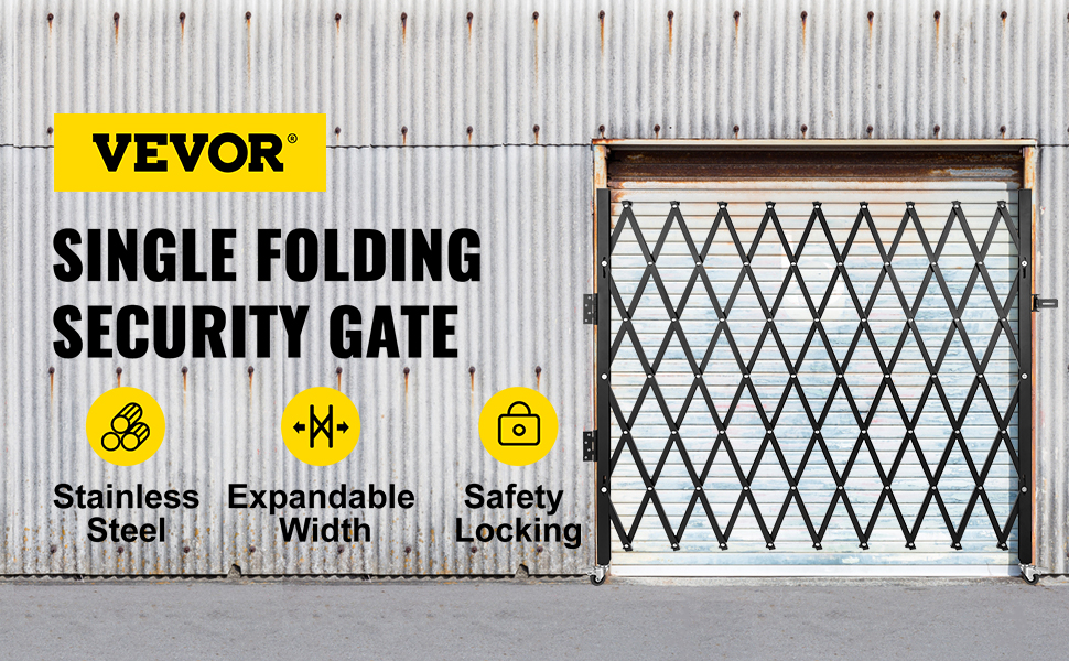 VEVOR folding security gate showcasing stainless steel, expandable width, and safety locking.