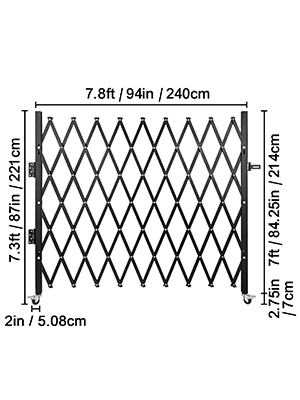 VEVOR folding security gate dimensions chart with height and width measurements.