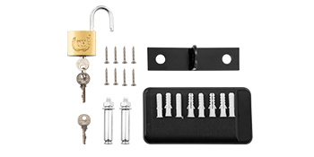 VEVOR folding security gate lock set, keys, screws and black mounting bracket.