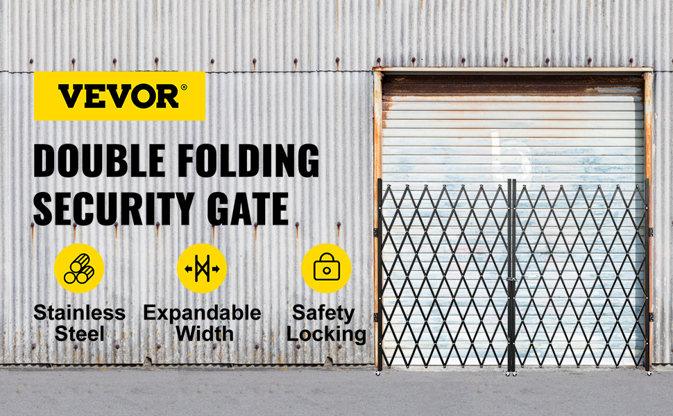 VEVOR folding security gate in front of corrugated metal door with safety icons.