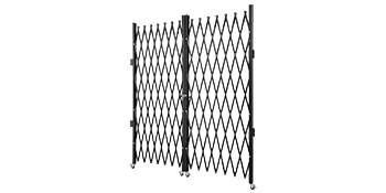 collapsible black VEVOR folding security gate with diamond lattice design and wheels.