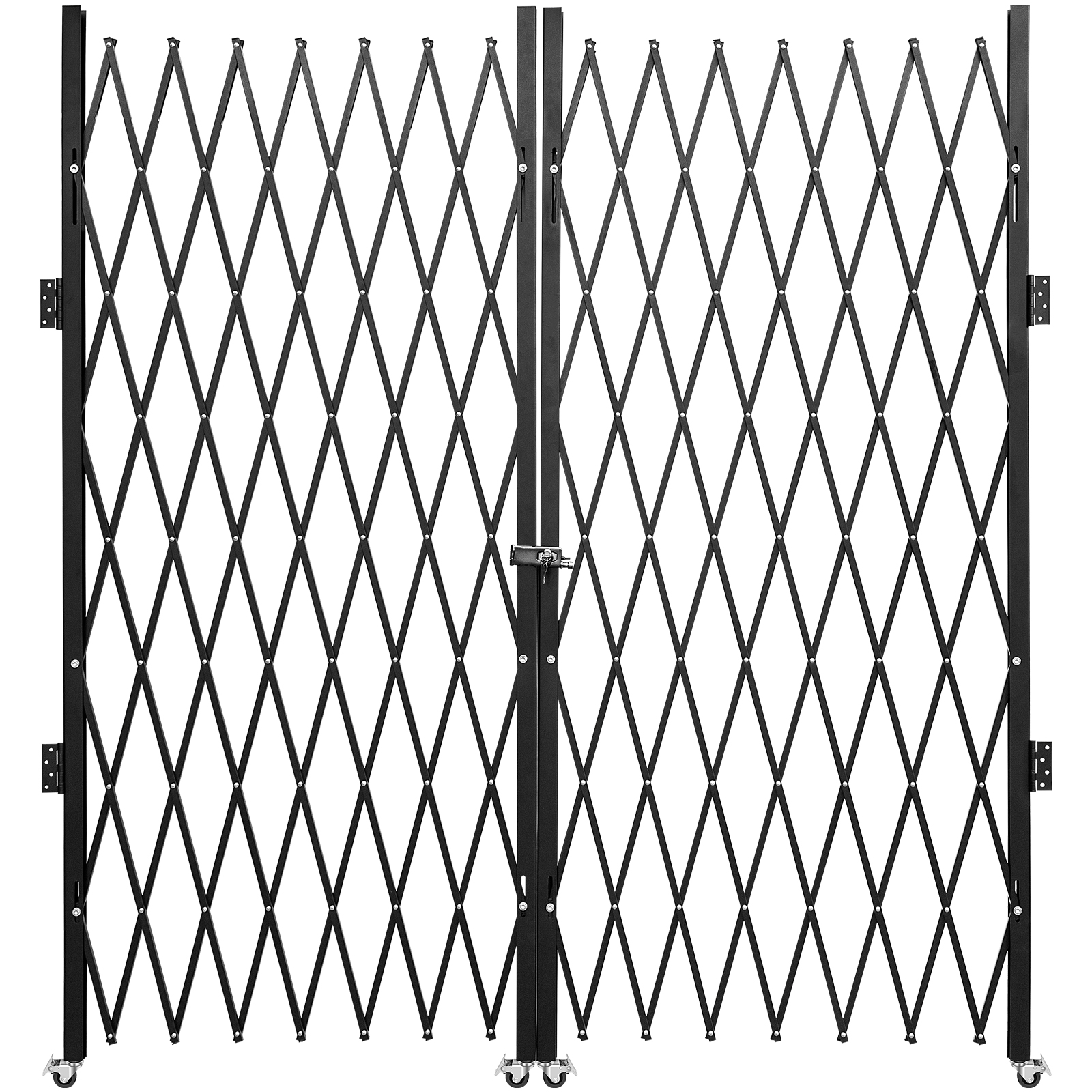 VEVOR folding security gate with diamond-patterned steel bars and wheels.