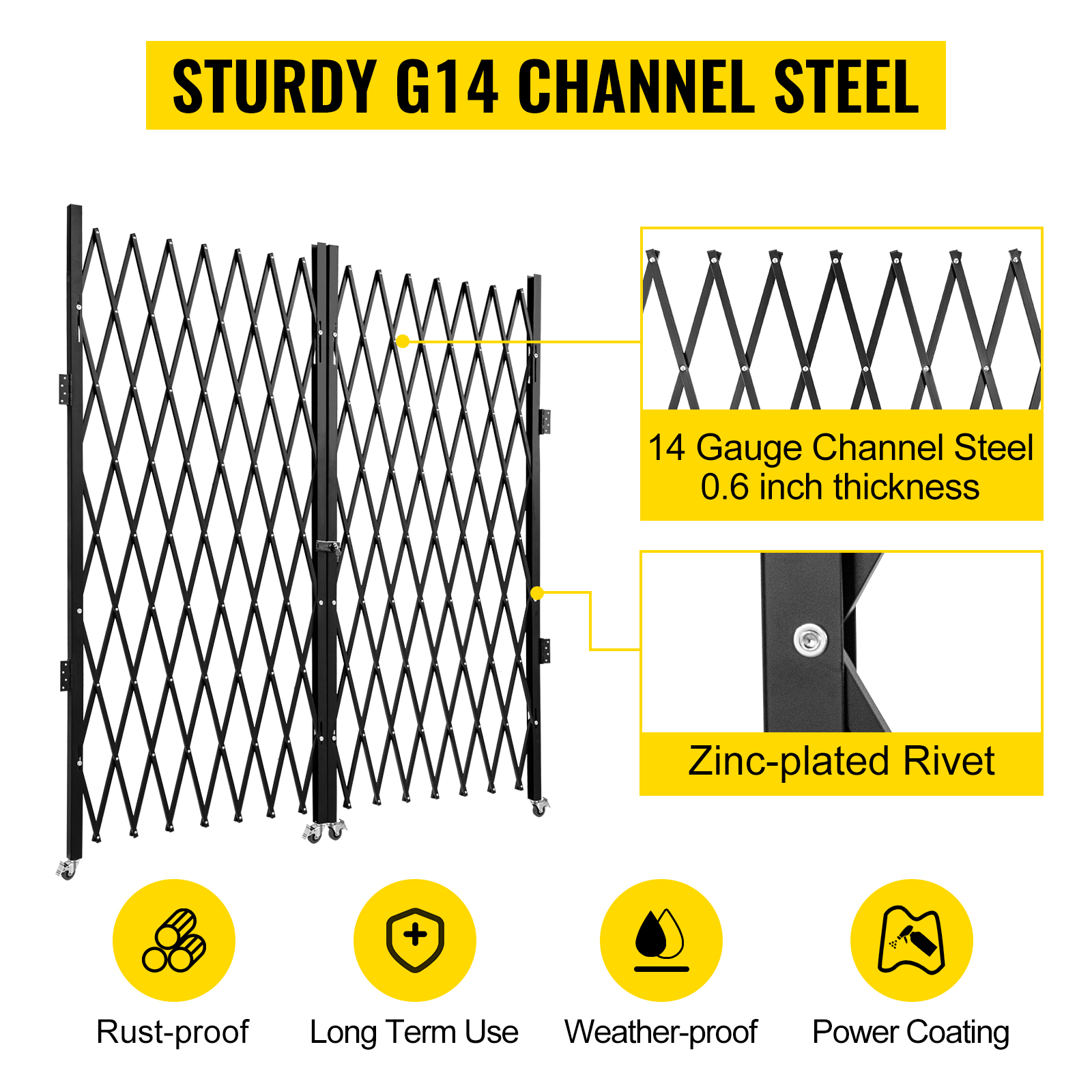 VEVOR folding security gate made with sturdy g14 channel steel, rust-proof and weather-proof.