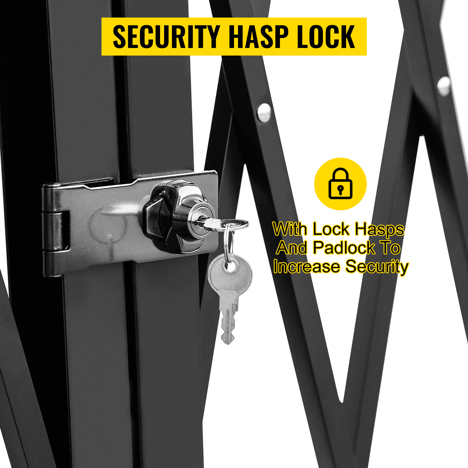 VEVOR folding security gate with lock hasps and padlock to enhance security.