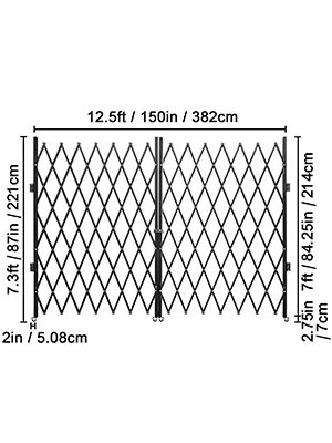 VEVOR security gate dimensions in feet, inches, and centimeters.