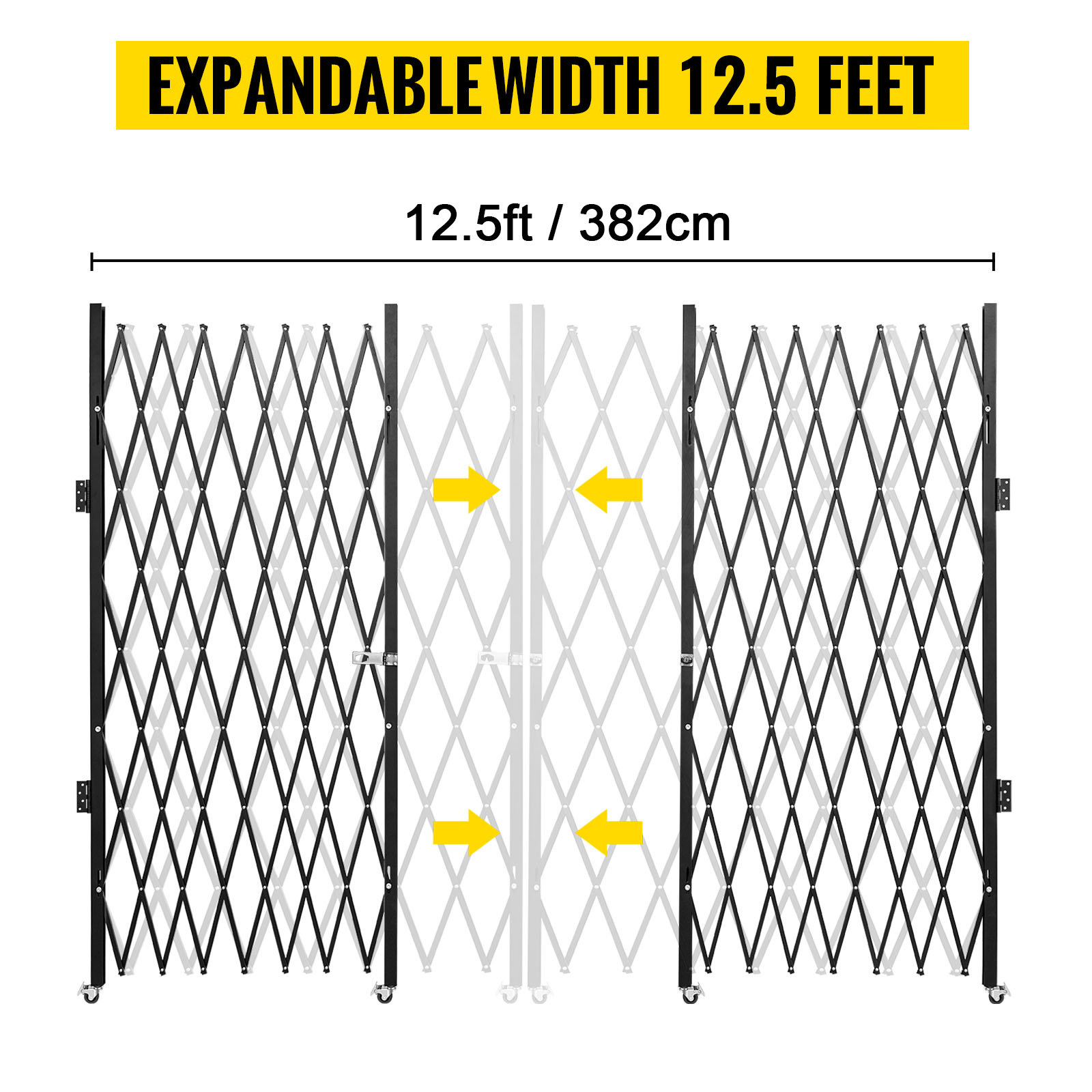 expandable VEVOR security gate 12.5ft wide with yellow arrows showing extension.