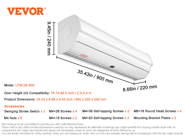 VEVOR indoor air curtain lfm120-900, 35.43 x 8.66 x 9.45 inches, door height compatibility 2.0-2.4m.