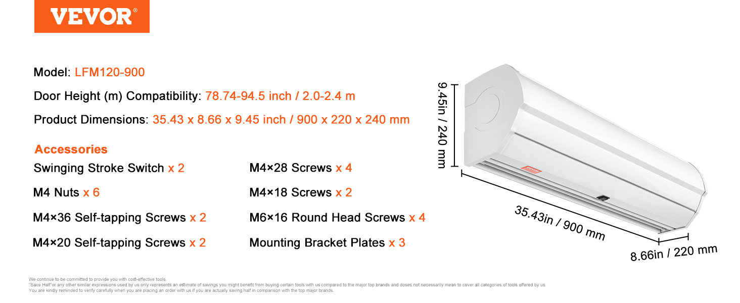 VEVOR indoor air curtain lfm120-900, 35.43 x 8.66 x 9.45 inches, door height compatibility 2.0-2.4m.