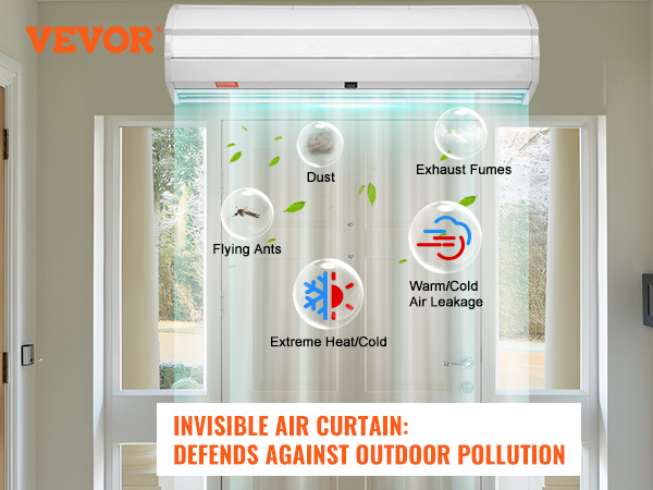 VEVOR indoor air curtain blocking dust, exhaust fumes, flying ants, air leakage, and extreme temperatures.