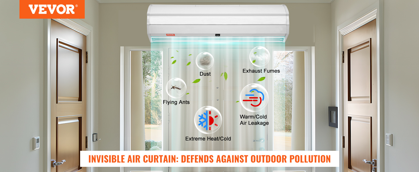 VEVOR indoor air curtain blocking dust, exhaust fumes, flying ants, air leakage, and extreme temperatures.