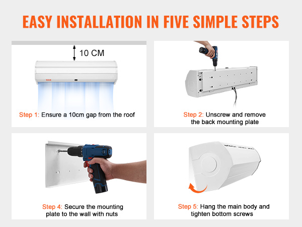 VEVOR indoor air curtain installation steps: ensure 10cm gap, unscrew mounting plate, secure to wall, hang body.