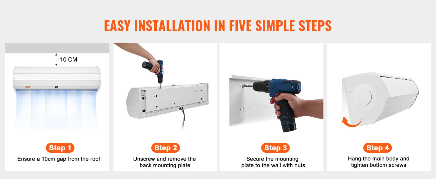 VEVOR indoor air curtain installation steps: ensure 10cm gap, unscrew mounting plate, secure to wall, hang body.