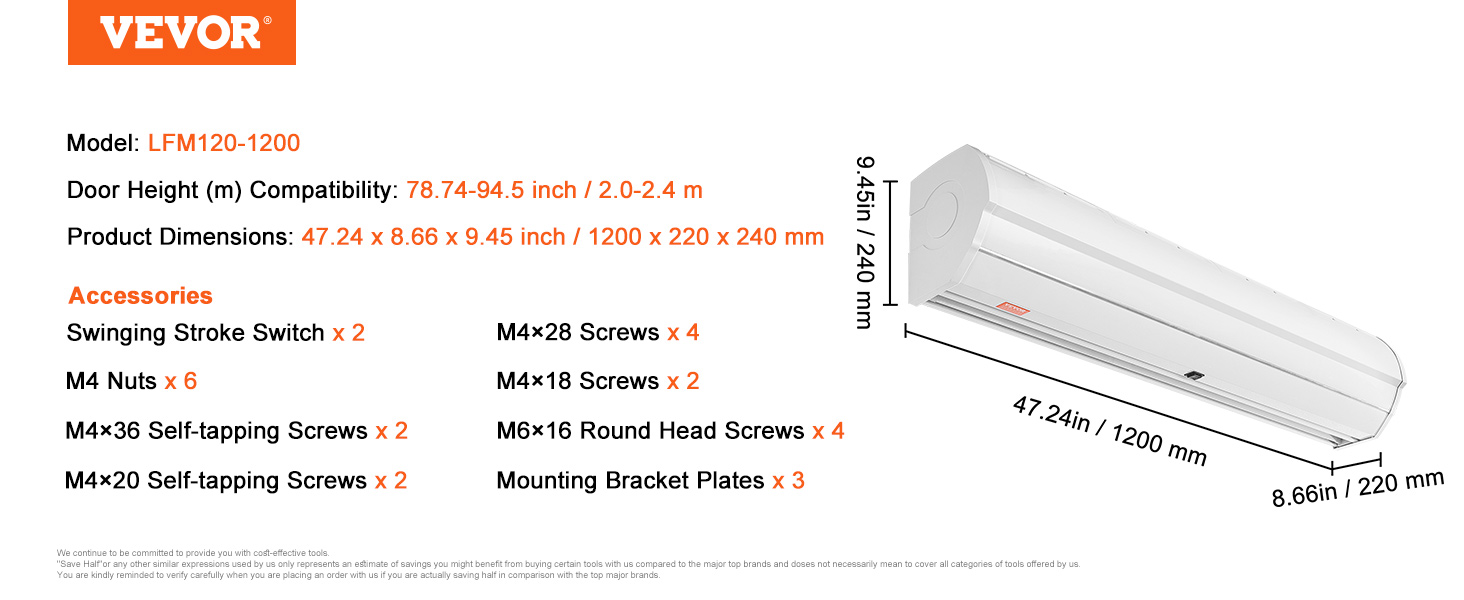 VEVOR indoor air curtain specs: model lfm120-1200, dimensions 47.24x8.66x9.45 in, with mounting accessories.
