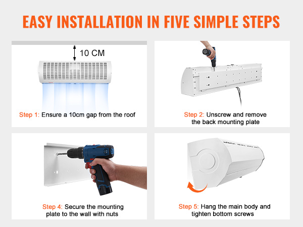 easy installation guide for VEVOR indoor air curtain in five steps. ensure 10cm gap, screw, hang securely.