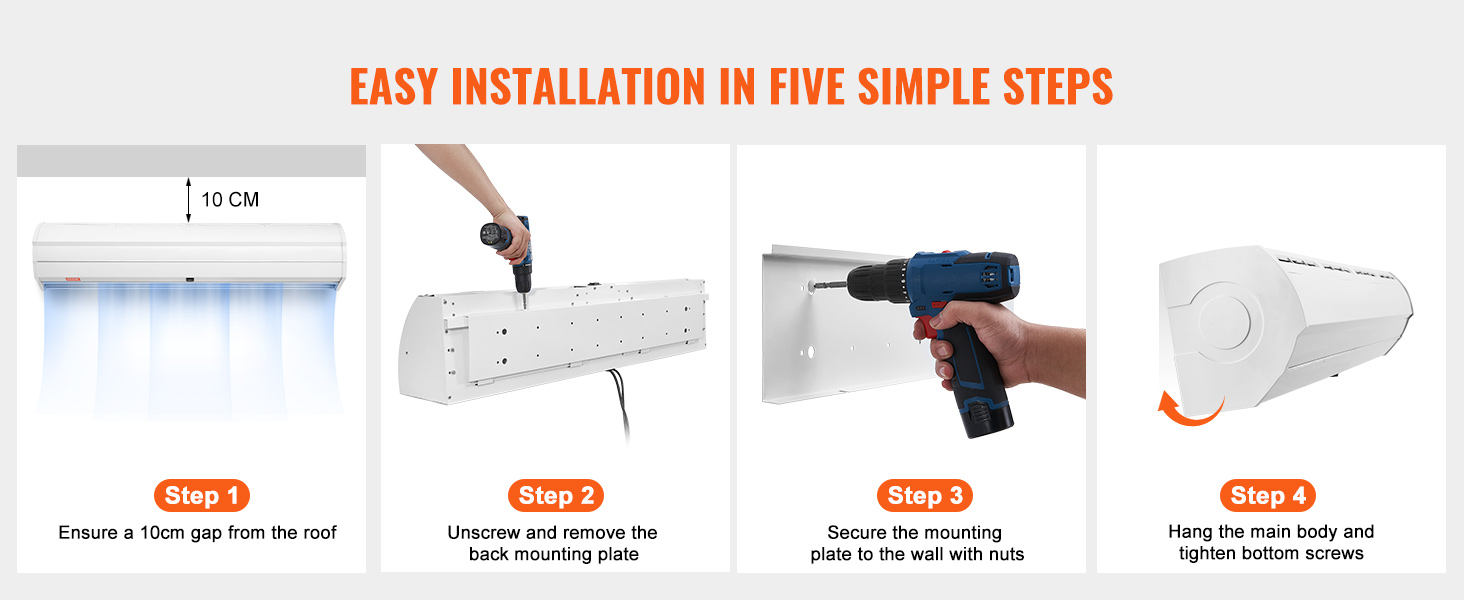 easy installation guide for VEVOR indoor air curtain in five steps. ensure 10cm gap, screw, hang securely.