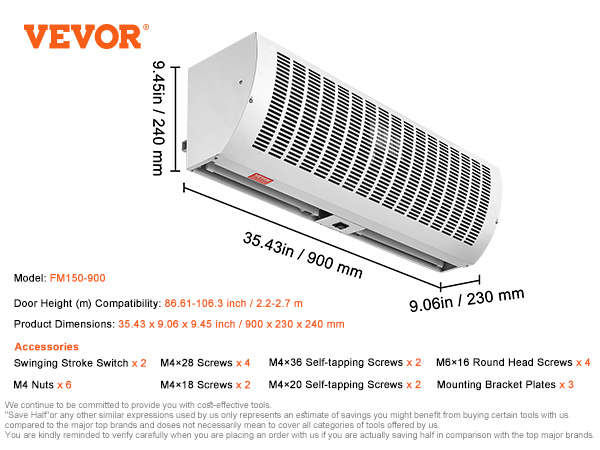 VEVOR air curtain fm150-900 with detailed dimensions, compatibility, and accessory list.